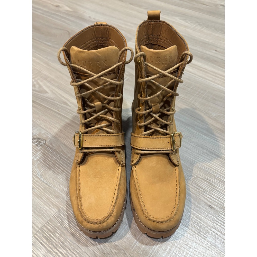 Lauren Ralph Lauren Zera Leather Combat Boots Tan Wheat Buckle Moc Toe 8.5B - Picture 2 of 10